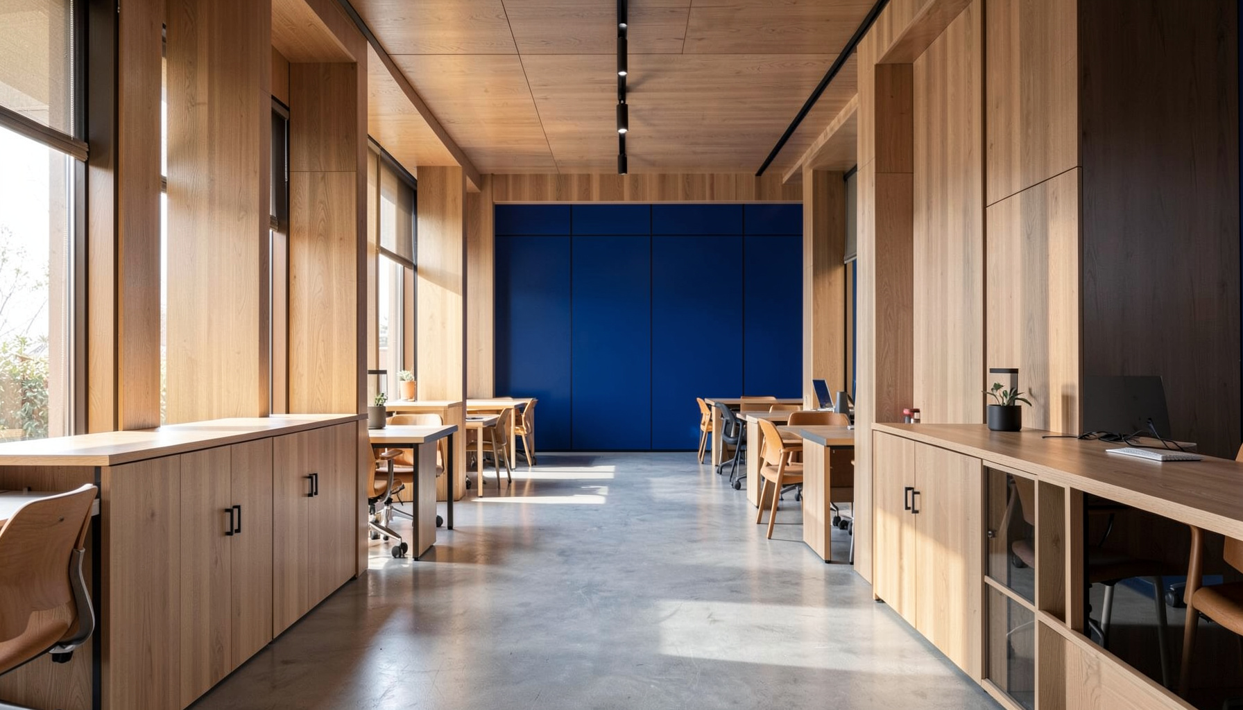 A clean architectural photograph of a modern coworking space with strong symmetry, warm wood tones, and natural light streaming through large windows.