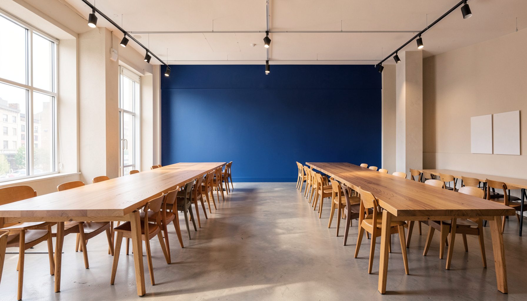A bright, modern coworking space with long wooden tables, natural light from large windows, and a clean, open atmosphere in warm neutral tones