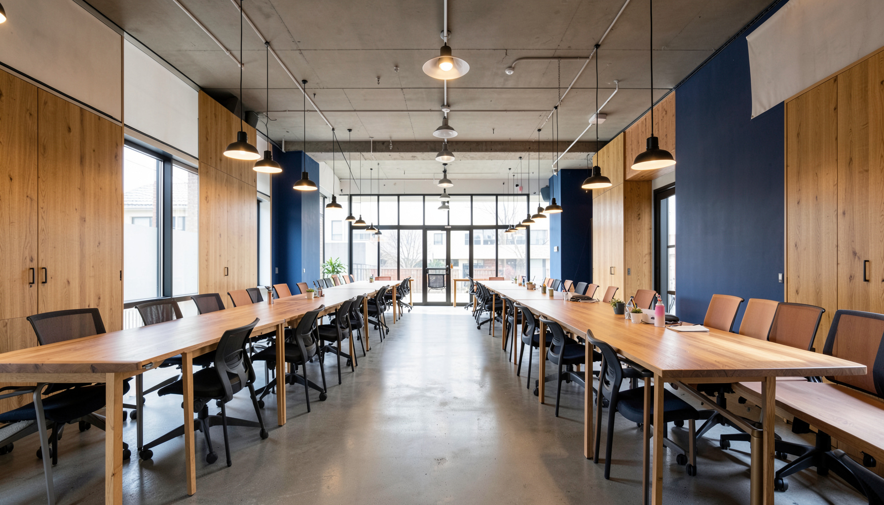 Wide-angle view of a modern coworking space with long shared tables, pendant lighting, and warm wood tones, bathed in soft natural light